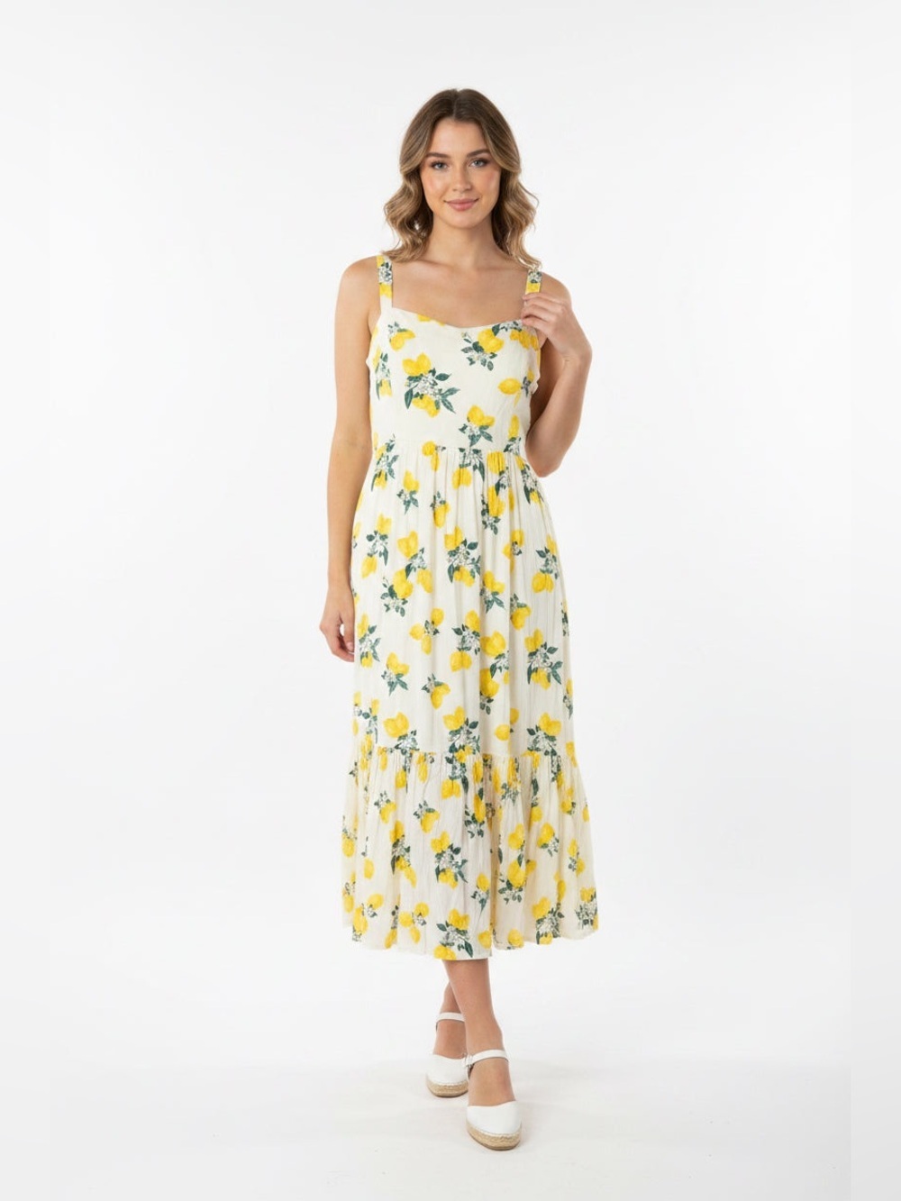 White Lemon-Print Midi Sundress with Straps